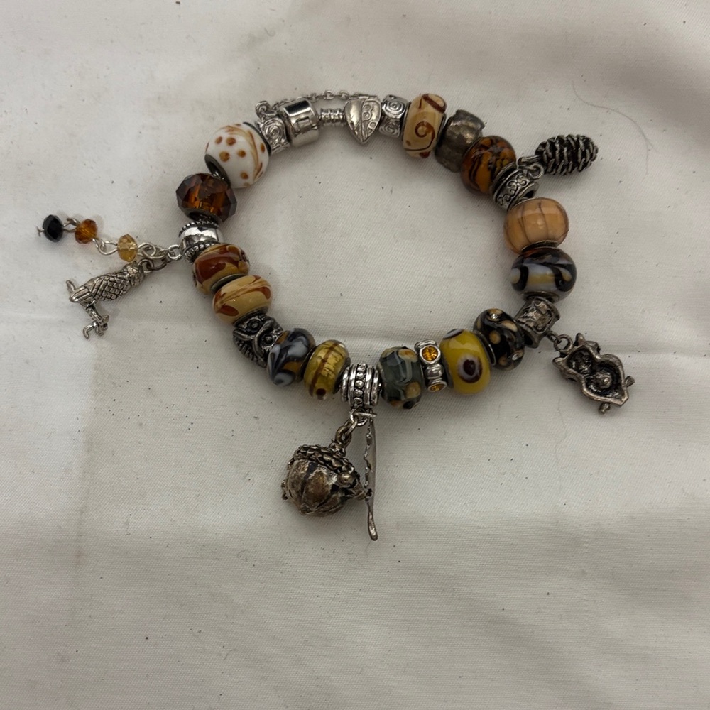 Pandora Style  Silver and Brown Charm Charm Bracelet
